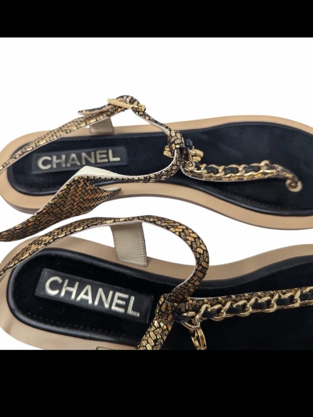 CHANEL Black & Gold Chain T-Strap Sandals - Picture 3 of 8